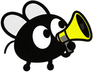 Mascota Fly con megáfono parada sobre la línea